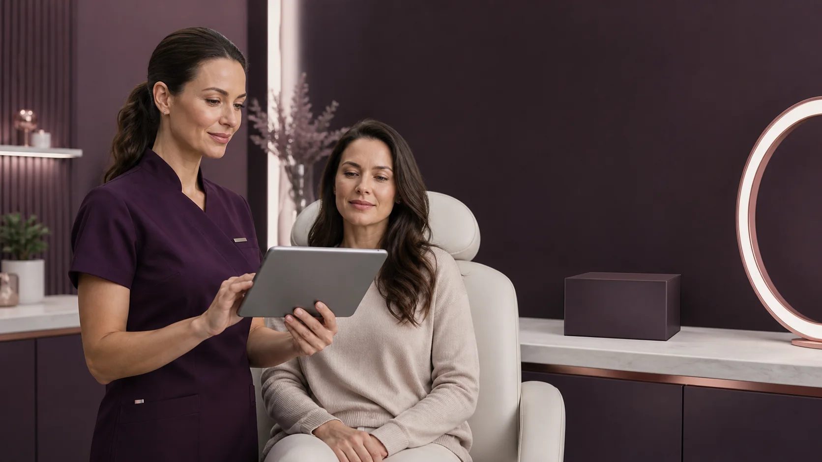 Aesthetic practitioner documenting a treatment on a tablet beside a patient in a modern clinic
