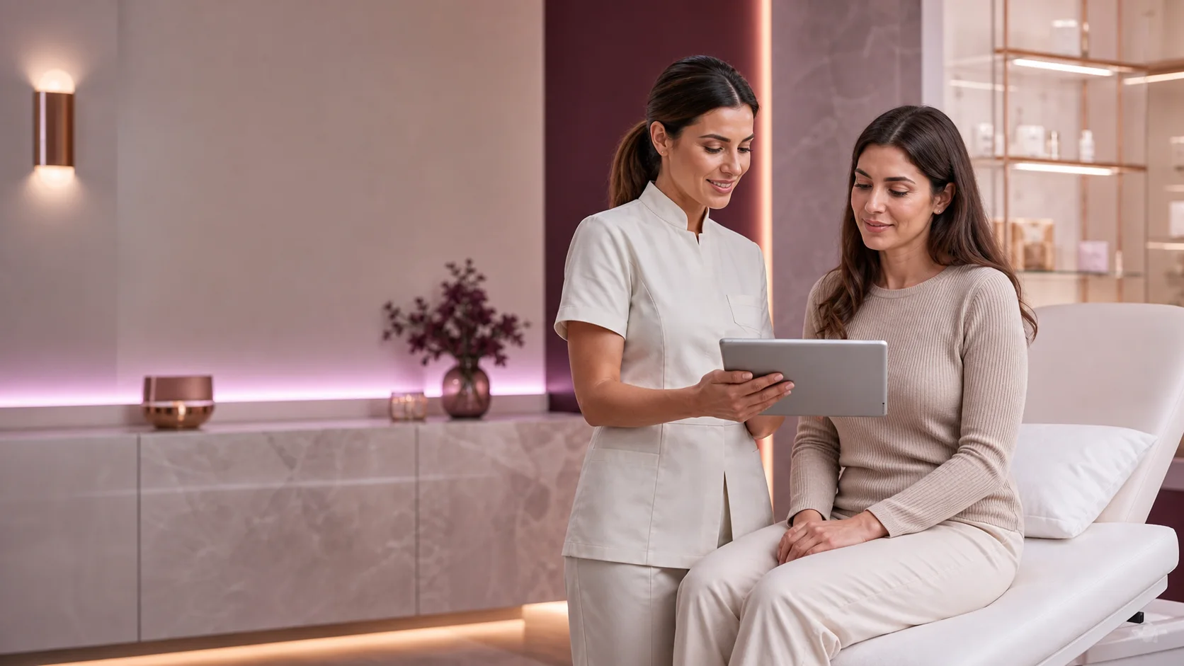 Ästhetische Behandlerin bespricht mit einer Patientin die digitale Patientenaufnahme auf einem Tablet